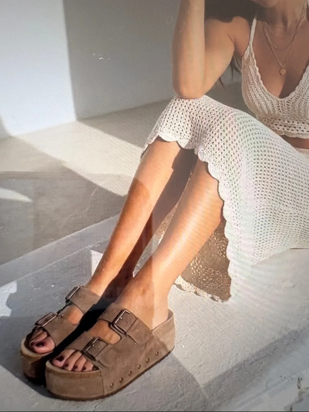 Cushionaire Suede Taupe Double Buckle Platform Sandals